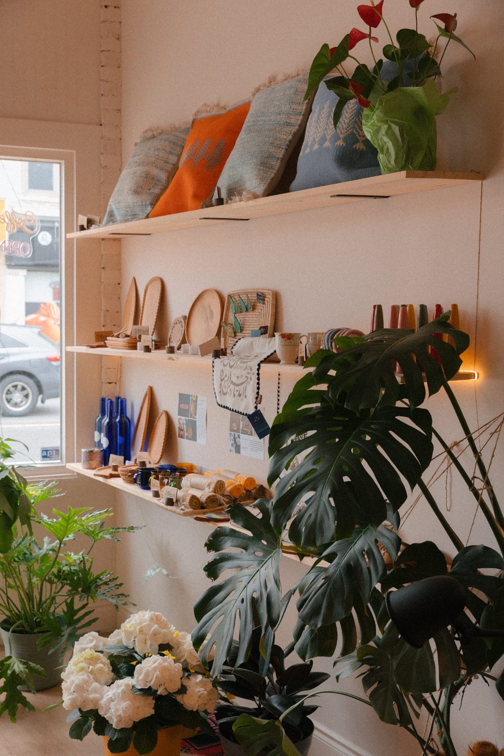 A plant-filled shelf inside Hayaat, lush with greenery and handmade goods